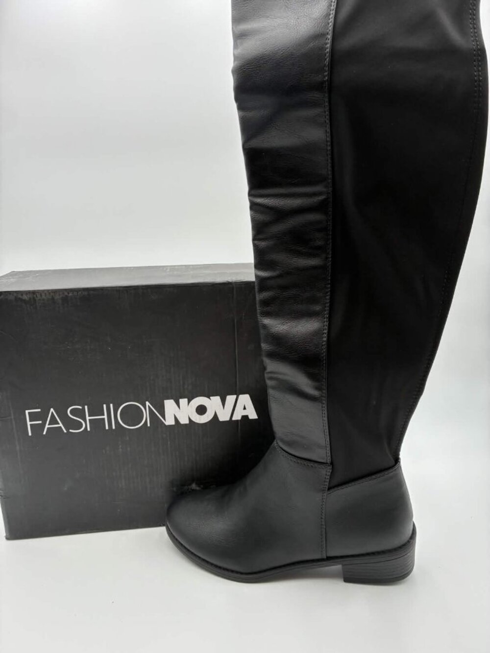 Fashion Nova Sperry 8 Black PU Knee High Boots Womens Size 7